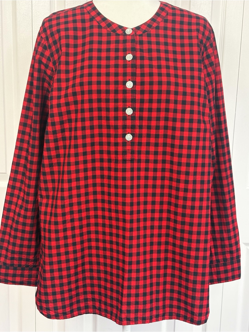 Talbots Red & Black Buffalo Check Embellished Button Popover Blouse XL